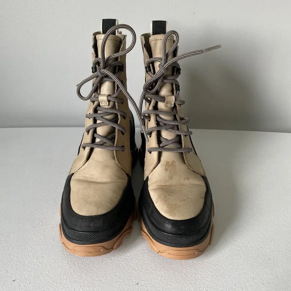 SOREL Brex Waterproof Lace Winter Fall Boot Sandy Tan Black Chunky Sole Size 7